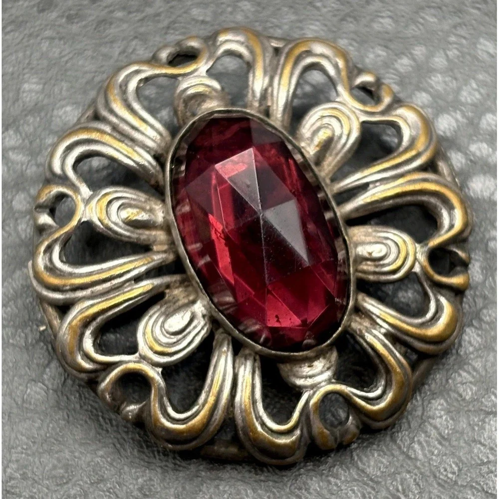 Antique Victorian Era Filigree Brooch Red Faux Garnet Faceted Stone C Clasp